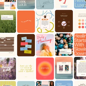 May include: A selection of colourful digital art cards with diverse text and graphic designs. Themes include self-care, mental health, and wellness. The cards feature phrases like "Growth Doesn't Always Look Loud" and "Daily Healing."