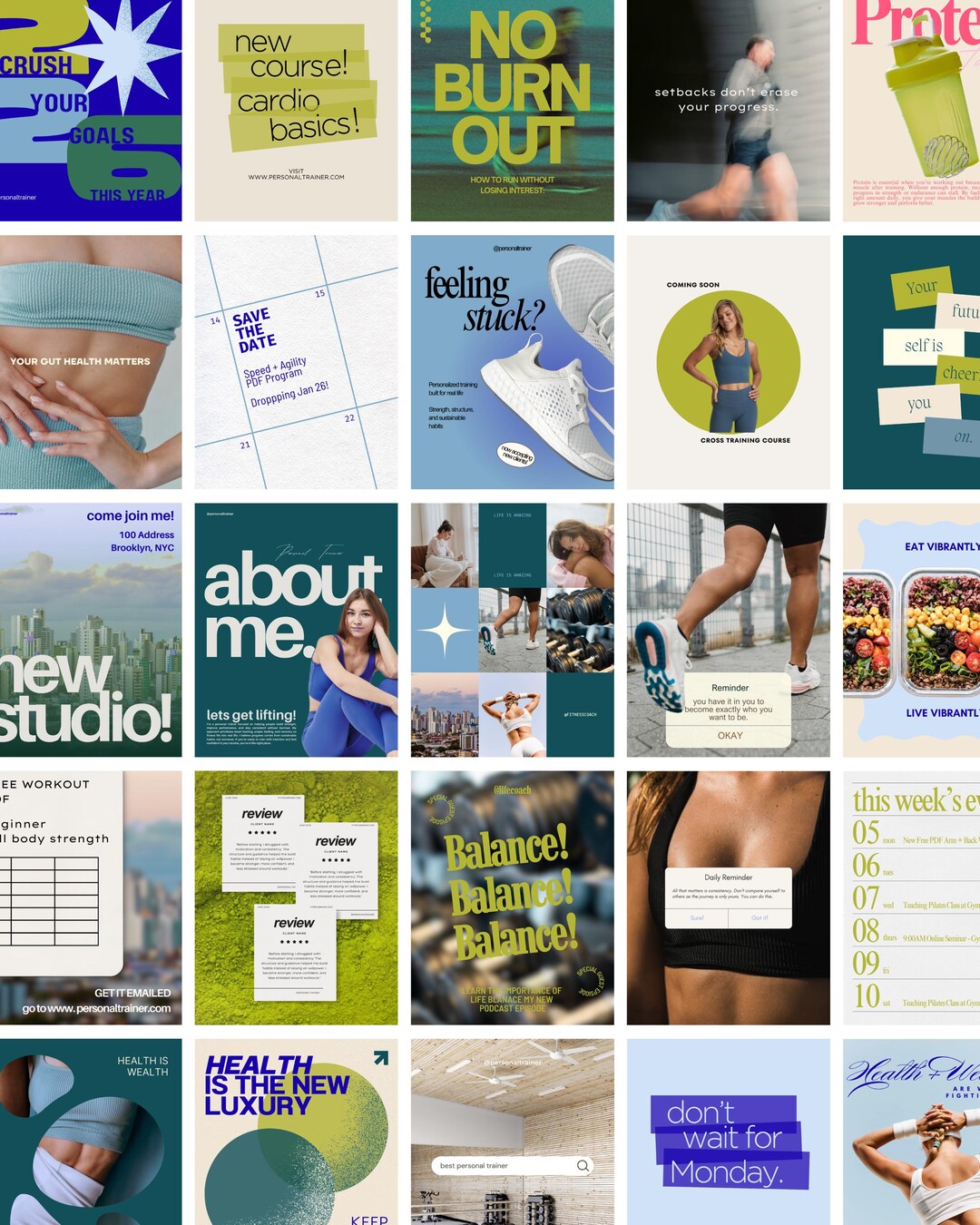 130 Bold Fitness Business Instagram Templates: Wellness Coach Personal ...