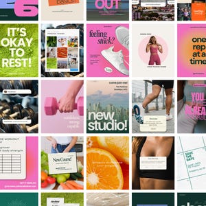 Könnte beinhalten: Eine Collage von Social-Media-Beiträgen zu Fitness und Wellness. Die Beiträge enthalten Texte wie "New Course! Cardio Basics!", "No Burn Out", "It's Okay to Rest!" und "New Studio!" sowie Bilder von Trainingsgeräten und gesunder Ernährung.