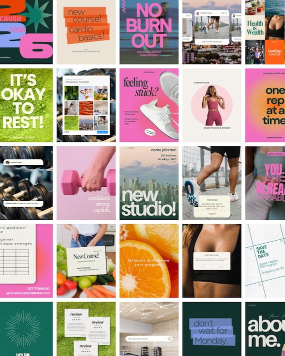 130 Colorful Personal Trainer Instagram Canva Templates: Fitness Health Coach Social Media Posts