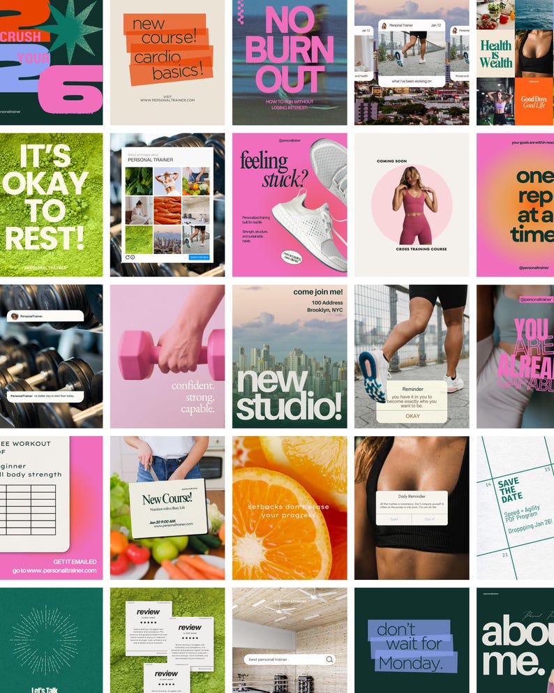 May include: A collage of social media posts related to fitness and wellness. The posts feature text like "New Course! Cardio Basics!", "No Burn Out", "It's Okay to Rest!", and "New Studio!" along with images of exercise equipment and healthy food.