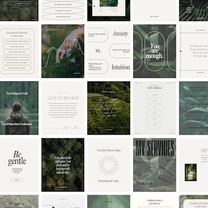 Könnte beinhalten: Eine Sammlung von Social-Media-Grafiken mit minimalistischem Design. Die Grafiken enthalten Text zu Themen wie emotionaler Reife, Angst vs. Intuition und Selbstvertrauen. Die Farbpalette ist hauptsächlich Weiß, Grün und Beige.