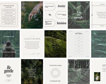 May include: A collection of social media graphics with a minimalist design. The graphics feature text on topics like emotional maturity, anxiety vs. intuition, and self-confidence. The color palette is primarily white, green, and beige.