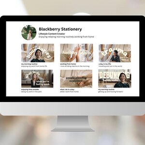 Puede incluir: Un monitor de ordenador muestra una p&aacute;gina web de Blackberry Stationery, un creador de contenido de estilo de vida. La p&aacute;gina presenta una foto de perfil y miniaturas de v&iacute;deo con texto como "boundaries", "healthy habits" y "trauma".