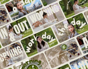 May include: A collection of images with overlaid text. Phrases such as "Working from home," "In & Out of office," and "Spend the morning with me" are visible. The images depict various scenes, including food, outdoor settings, and people.