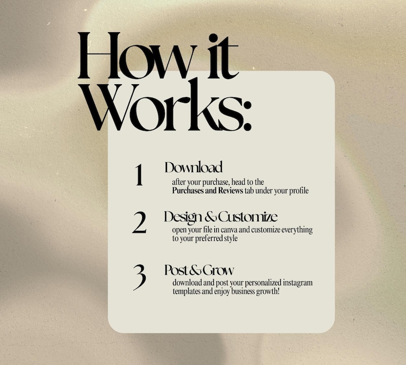 Puede incluir: Gr&aacute;fico color crema con el texto "How it Works:" seguido de pasos numerados. Los pasos incluyen descargar, dise&ntilde;ar y personalizar, y publicar para crecer. El fondo tiene un efecto suave y borroso.