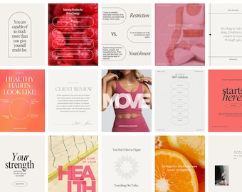 100 Pink Orange Bright Minimalist Instagram Templates: Fitness Health Coach Canva Social Media Posts