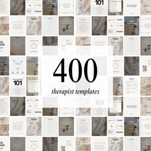 May include: A grid of 400 therapist templates with a neutral color palette. The number 400 is prominently displayed, with the text "therapist templates" below. Individual templates feature text and design elements.