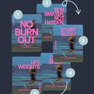 May include: A graphic design featuring five cards with running-themed text in pink and white. The cards have a blurred image of a runner. Text includes "NO BURN OUT", "RUN SMARTER, NOT HARDER", "START SLOW", "LIFT WEIGHTS", and "LIFT SPEED".
