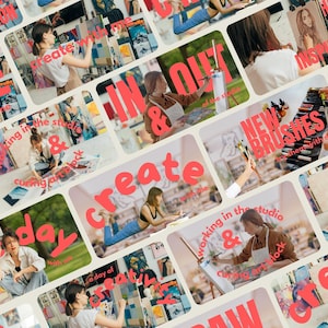 Puede incluir: Un collage de imágenes que muestran a artistas creando arte. La palabra "CREATE" se muestra prominentemente en rojo, junto con frases como "working in the studio" y "a day of". Las imágenes muestran a artistas pintando y trabajando en proyectos de arte.