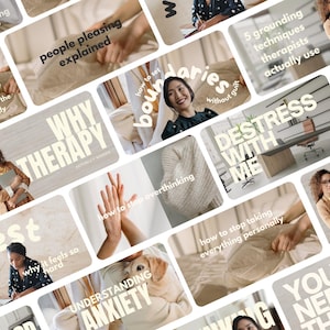 Puede incluir: Una colección de artículos sobre estilo de vida y autoayuda, con títulos como "People Pleasing Explained" y "Por qué la terapia realmente funciona". Las imágenes presentan personas y objetos, con superposiciones de texto en una paleta de colores clara y neutra.