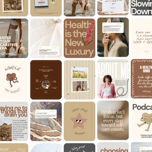 以下が含まれることがあります： ニュートラルなカラーパレットのソーシャルメディア投稿のコラージュ。投稿には、セラピー、セルフケア、メンタルヘルスに関するテキストが含まれています。画像には、小麦、ビーチにいる人、ピンクのブレザーを着た女性などが含まれます。全体的なテーマはウェルネスです。