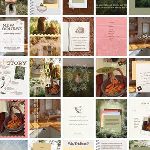 Puede incluir: Un collage de imágenes con una estética suave y vintage. Las imágenes incluyen una mujer en un campo, un cuaderno, una cesta de verduras y texto que dice "New Course" y "Why This Brand?" La paleta de colores es apagada con verdes, marrones y rosas.