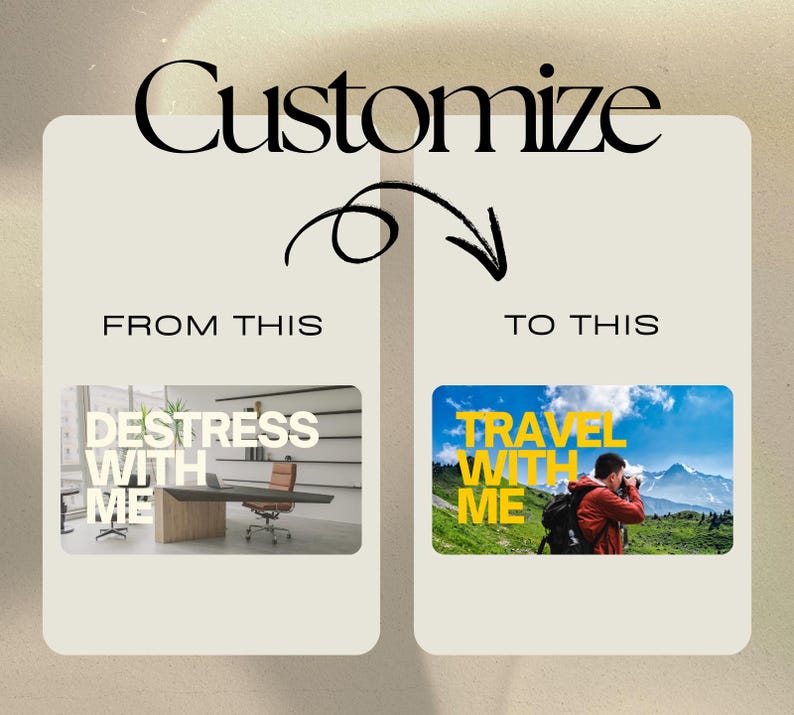 Puede incluir: Imagen con la palabra "Customize" en una fuente elegante. Debajo, se muestran dos im&aacute;genes. Una dice "Destress With Me" y la otra "Travel With Me". Una flecha apunta de la primera imagen a la segunda.