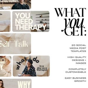 Puede incluir: Gr&aacute;fico promocional con el texto "WHAT YOU GET:" y detalles sobre plantillas de publicaciones en redes sociales. La imagen incluye bloques de texto con frases como "YOU NEED THERAPY" y "Self-Talk."
