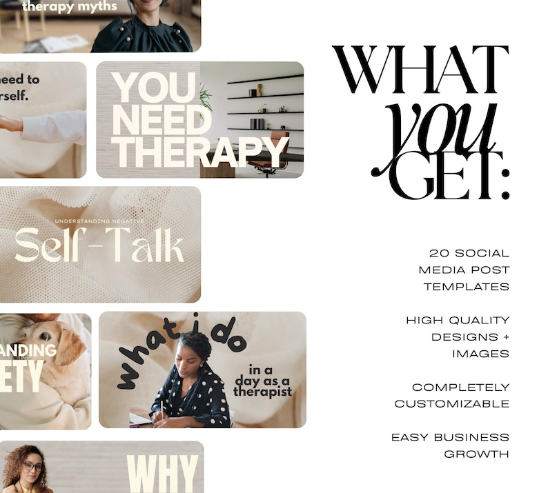Puede incluir: Gr&aacute;fico promocional con el texto "WHAT YOU GET:" y detalles sobre plantillas de publicaciones en redes sociales. La imagen incluye bloques de texto con frases como "YOU NEED THERAPY" y "Self-Talk."