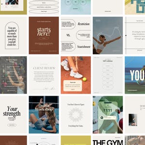 Könnte beinhalten: Eine Collage aus verschiedenen motivierenden und informativen Grafiken. Die Bilder enthalten Texte wie "About Me", "101", "Six Steps to Healthier Eating", "Your journey will look different", "You are capable of so much", "starts here!", "Restriction vs. Nourishment", "Client Review", "Reminder", "Self Confidence", "Your strength", "Online Workshop", "You Don't Have to Figure", "11:11", "The Gym is For" und "Don't wait for Monday."