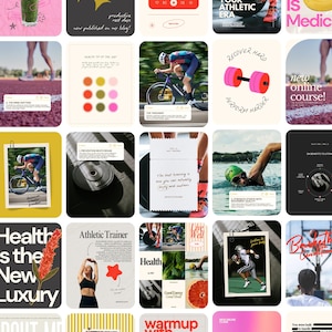May include: A collage of various images with fitness and health themes. The images include a green smoothie, a podcast interface, a cyclist, a dumbbell, and text like "Athletic Trainer" and "Oxygen Uptake". The color palette is bright and modern.