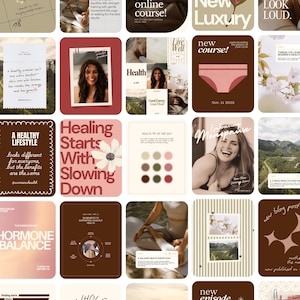 Könnte beinhalten: Eine Collage von Bildern mit Texten zu Gesundheit, Wellness und Selbstpflege. Die Bilder enthalten Texte wie "Neuer Online-Kurs!", "Heilung beginnt mit Verlangsamung" und "Hormonelles Gleichgewicht". Die Farbpalette ist warm, mit Braun- und Cremetönen.