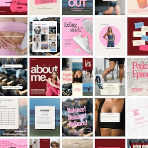 Könnte beinhalten: Eine Collage von Fitness-Grafiken in Pink, Rot und Weiß. Texte umfassen "Crush Your Goals This Year", "New Course! Cardio Basics!", "No Burn Out" und "Balance! Balance! Balance!". Weitere Grafiken zeigen Trainingstipps und Erinnerungen.