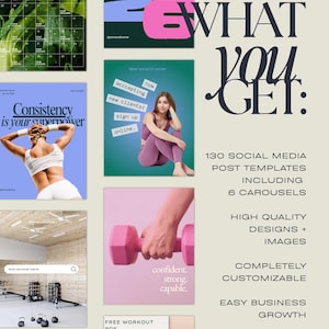 May include: A promotional graphic with the text "WHAT YOU GET:" and details about social media post templates, including carousels, designs, images, and business growth. The image also includes a calendar for October 2026 and the phrase "Consistency is your superpower."