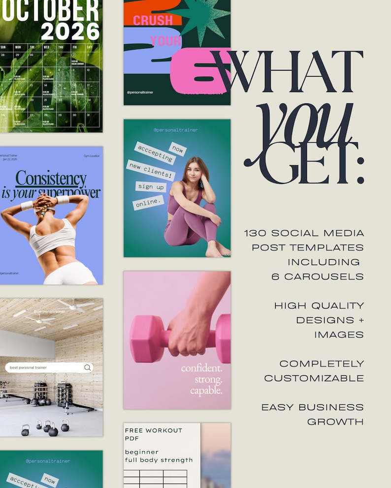 May include: A promotional graphic with the text "WHAT YOU GET:" and details about social media post templates, including carousels, designs, images, and business growth. The image also includes a calendar for October 2026 and the phrase "Consistency is your superpower."