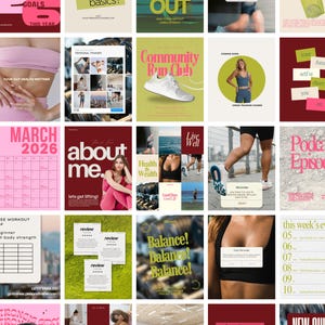 May include: A collection of fitness-themed graphics and promotional materials. The images feature text including "Crush Your Goals This Year," "New Course! Cardio Basics!," and "No Burn Out." Other images show workout routines, calendars, and motivational quotes.