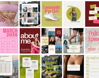 130 Bold Colorful Fitness Business Instagram Templates: Personal Trainer Health Canva Social Media Posts