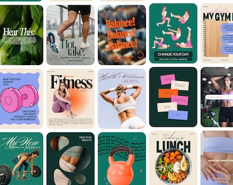50 Colorful Personal Trainer Canva Instagram Templates: Fitness Coach Online Post Bundle, Health Wellness Social Media