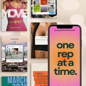 May include: A collage of images related to fitness and wellness. Includes a woman in workout attire, a smartphone displaying "one rep at a time," and a calendar for March 2026. The text "MOVE" and "@personal trainer" are also visible.