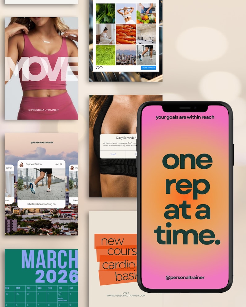 May include: A collage of images related to fitness and wellness. Includes a woman in workout attire, a smartphone displaying "one rep at a time," and a calendar for March 2026. The text "MOVE" and "@personal trainer" are also visible.