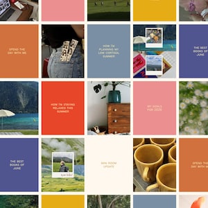 May include: A social media grid layout featuring a collection of twenty-five square images. The grid includes a mix of text-based graphics with phrases like My Goals for 2026, How I'm Planning My Low Cortisol Summer, and The Best Books of June, alongside photographs of landscapes, flowers, mugs, and personal lifestyle moments.