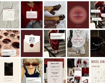 50 Burgundy Red Lifestyle Canva Instagram Templates: Social Media Manager Content Creator Post Bundle