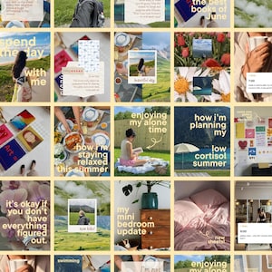 Peut inclure: Une grille de vingt-cinq images carrées présentant du contenu lifestyle, incluant des paysages, des livres, de la nourriture, des intérieurs de chambre et des textes superposés comme 'the truth about going viral' et 'my mini bedroom update'.