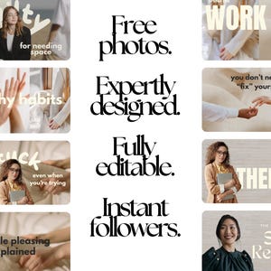 Puede incluir: Una colecci&oacute;n de gr&aacute;ficos promocionales con superposiciones de texto. El texto incluye frases como "Fotos gratis", "Dise&ntilde;ado por expertos" y "Totalmente editable". Las im&aacute;genes presentan personas y temas de estilo de vida, con un enfoque en la superaci&oacute;n personal.