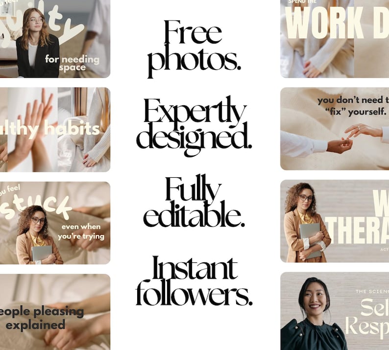 Puede incluir: Una colecci&oacute;n de gr&aacute;ficos promocionales con superposiciones de texto. El texto incluye frases como "Fotos gratis", "Dise&ntilde;ado por expertos" y "Totalmente editable". Las im&aacute;genes presentan personas y temas de estilo de vida, con un enfoque en la superaci&oacute;n personal.