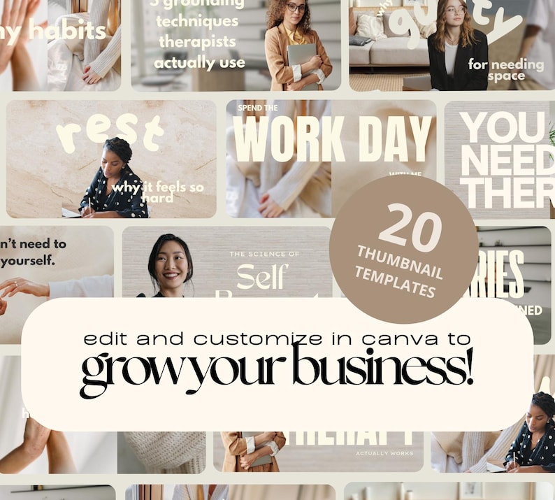 Puede incluir: Un collage de 20 plantillas de miniaturas con texto como "mis h&aacute;bitos" y "&iexcl;haz crecer tu negocio!" en un dise&ntilde;o beige y blanco. Las plantillas est&aacute;n dise&ntilde;adas para ser editadas y personalizadas en Canva.