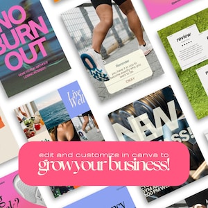 May include: A collection of digital marketing templates with motivational quotes and fitness-related imagery. The templates feature text like "No Burn Out," "New," and "Fitness Challenge," with a call to action to edit and customize in Canva.
