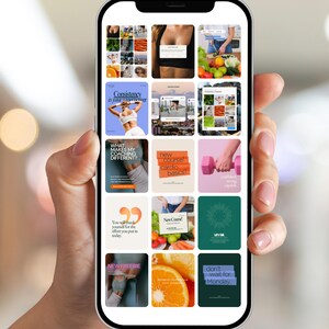 May include: A smartphone displaying a grid of colorful squares with text and images related to fitness and wellness. The squares include phrases like "Consistency is your superpower," "New Course! Cardio Basics!" and "Don't wait for Monday."
