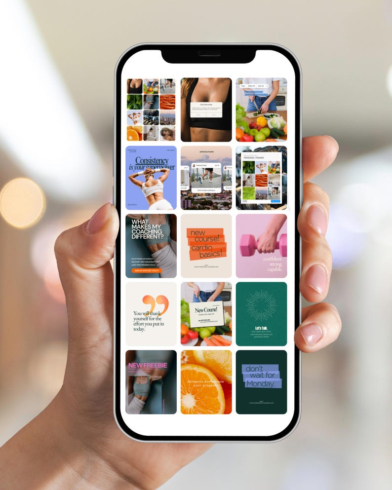 May include: A smartphone displaying a grid of colorful squares with text and images related to fitness and wellness. The squares include phrases like "Consistency is your superpower," "New Course! Cardio Basics!" and "Don't wait for Monday."