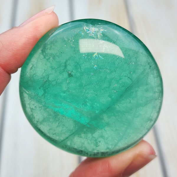 2" A+ Green Fluorite 106g, Natural Untreated Fluorite Crystal, Polished Fluorite Palm Stone, Rainbow Fluorite Gemstone from China