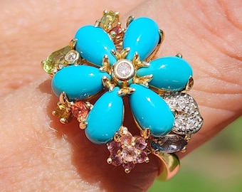 Anillo Le Vian de turquesa, diamantes y piedras múltiples en oro amarillo de 14k, joyería auténtica Le Vian, joyería de diamantes genuinos, joyería de oro genuino