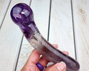 7" A+ Amethyst Wand 11.5 oz, Carved Polished Amethyst Gemstone, Natural Untreated Amethyst Phantom Quartz Crystal Massage Wand from Brazil