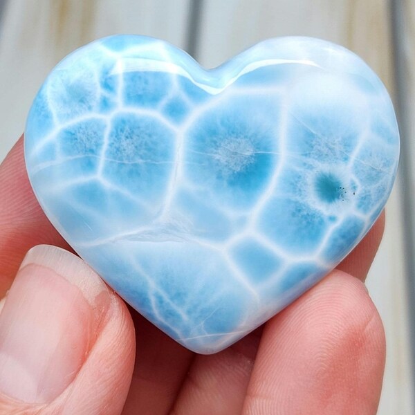 1.7" AAA Larimar Heart 24g, Rare Semi Precious Larimar Palm Stone, Carved Polished Larimar Crystal, Sea Blue Pectolite - Dominican Republic