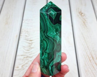 4.3" A+ Malachite Tower 10 oz, Natural Untreated Green Crystal Point, Rare Polished Malachite Gemstone Obelisk from Congo