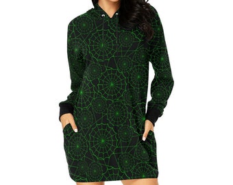 Gothic Green spiderwebs Hoodie Mini Dress