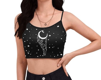 Gothic Crescent Moon Starry Spaghetti Strap Crop Top