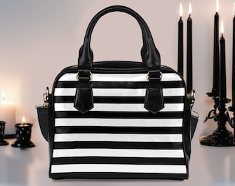 Black and White Striped Top Handle Handbag with removable shoulder strap