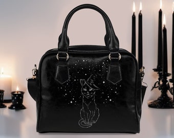 Witches Cat Top Handle Handbag with removable shoulder strap