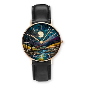 Beautiful Stained Glass Nature Scene Women’s Leather Quartz Watch